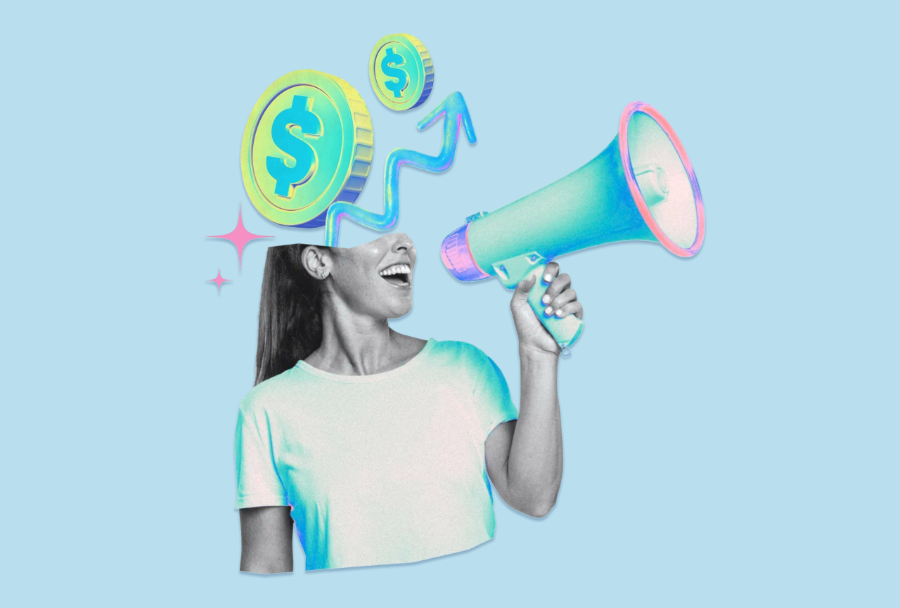 Desenho de mulher falando no megafone sobre empresas que aceitam afiliados