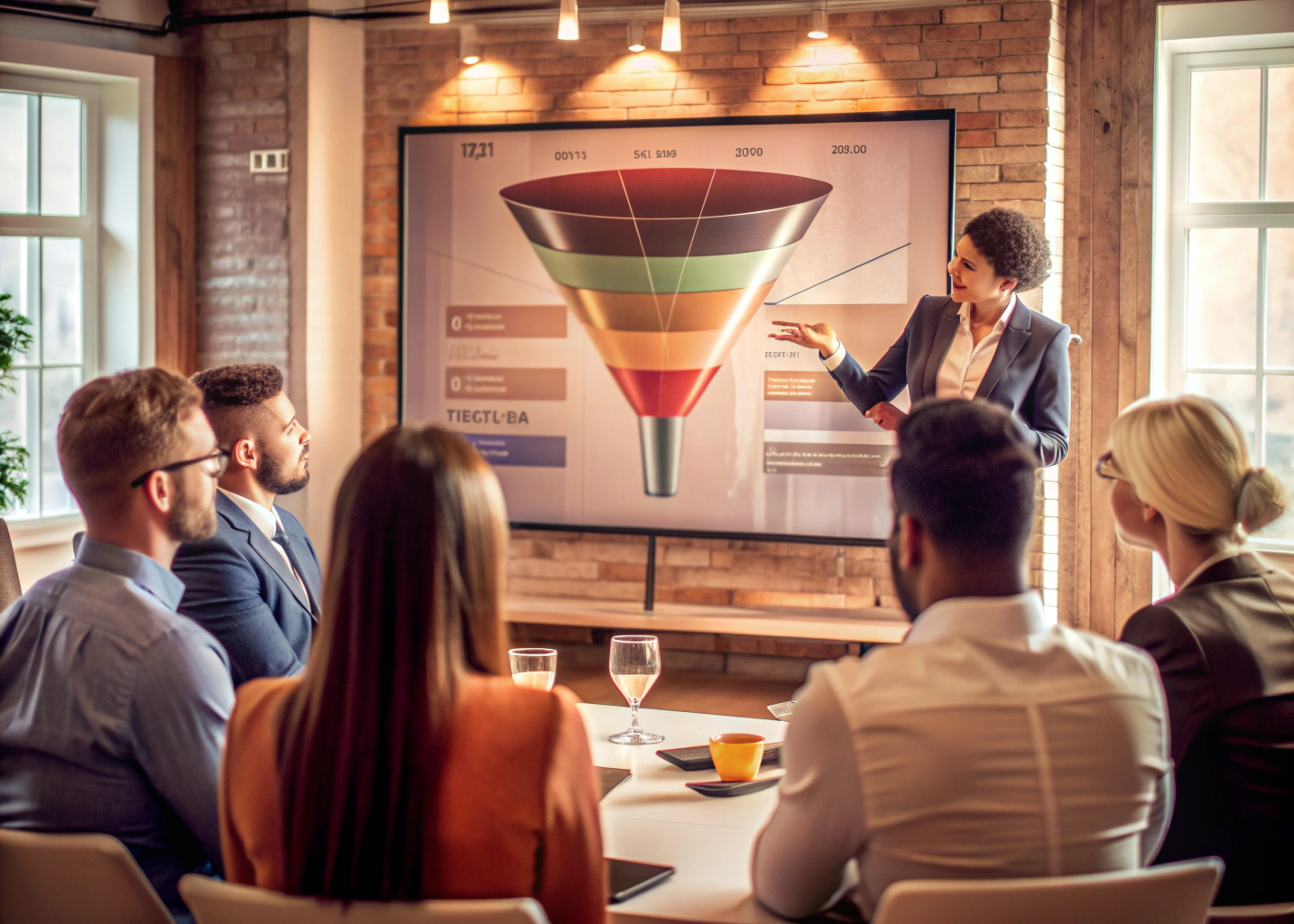 Mulher apresentando o funil de vendas para a equipe