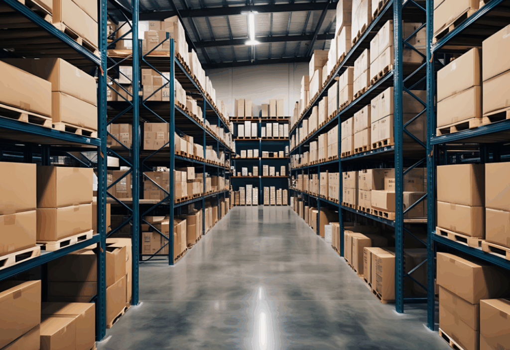 estoque com caixas em prateleiras organizadas