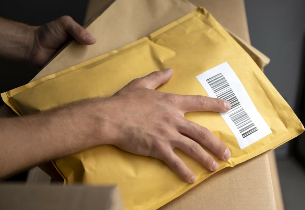 mão com envelope amarelo com código de barras